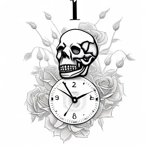 A Surreal Scene Of A Skull Riding A Clock With Roses Blooming Around Them
