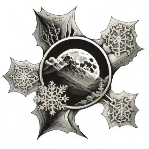 Full Moon With Mountains And A Snowflake Made