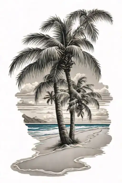 Footsteps On A Beach With Canary Palm Tree
