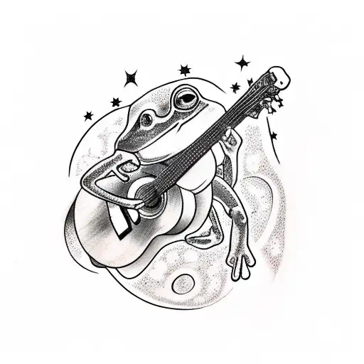 A Sketch Style Tattoo Of A Puerto Rican Coqui Frog Playing A Guitar Under A Starry Night Sky