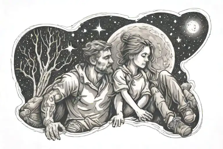 Dad And Adult Daughter Sitting Under The Stars