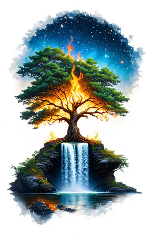 Not So Basic Tree Of Life Burning In A Starry Night Scene With With A Waterfall Running Through It