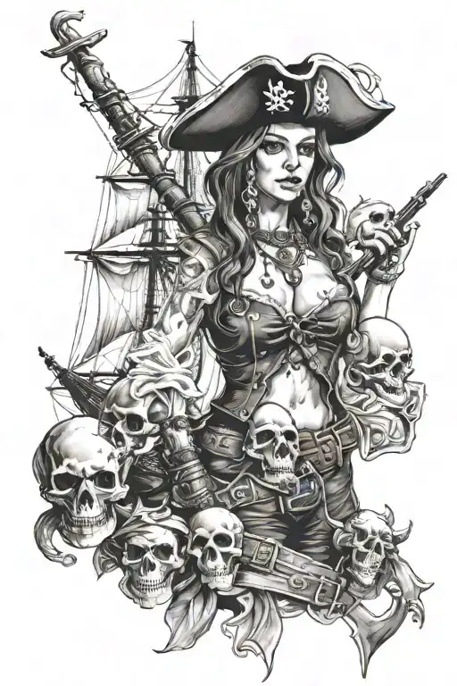 Women Pirate With Pirate Ship And Skulls