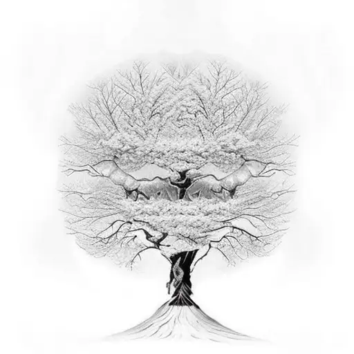 New Tree With Its Reflection Of The Old One Upside Down