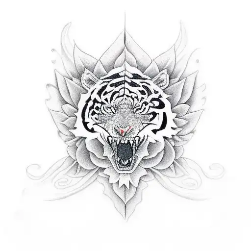 Dragon With Tiger And Lotus Flower