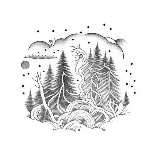 Thick Forest With Night Sky And Lightning