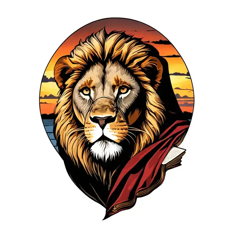 Setting Sun With A Lion Wearing A Cloak And A Bible
