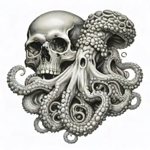 Realistic Octopus Guarding Human Skull