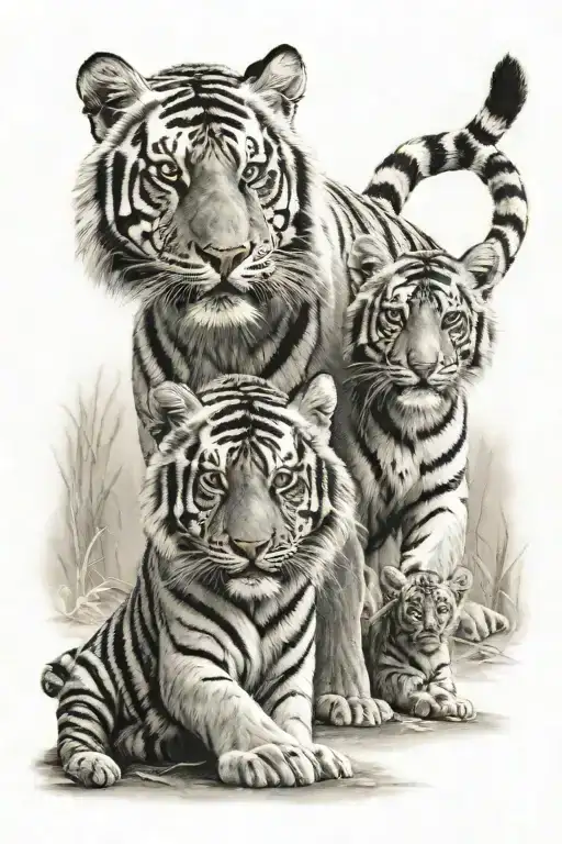 Grown Male Tiger And Two Tiger Cubs Playing