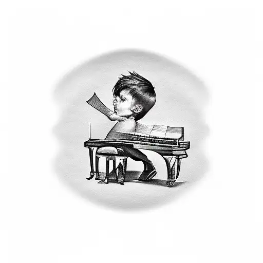 Black Tattoo Of A Boy Playing A Grand Piano With A Sheet Music Background