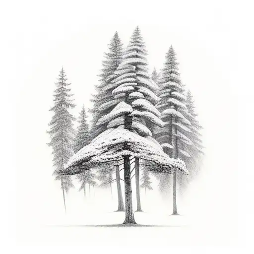 A Black-grey Tattoo Of A Serene Forest Scene With A Ship Sailing Through The Trees