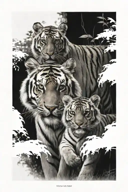 One Grown Male Tiger And Two Tiger Cubs