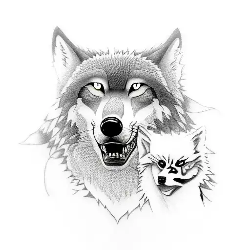 Princess Mononoke With Her Wolfs Beside And The Mother Wolf On The Background Inside A Forest