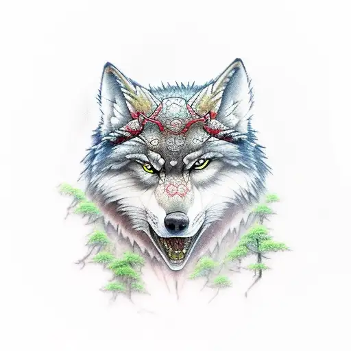 Princess Mononoke With Her Wolfs Inside A Forest