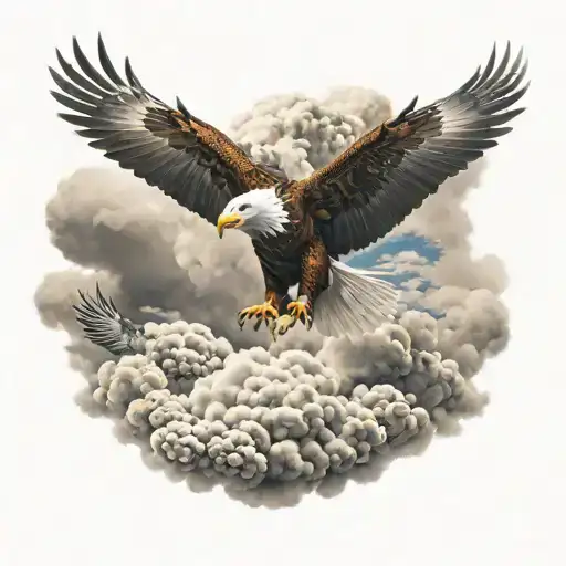 Eagle Flying In Clouds With White Butterfly's