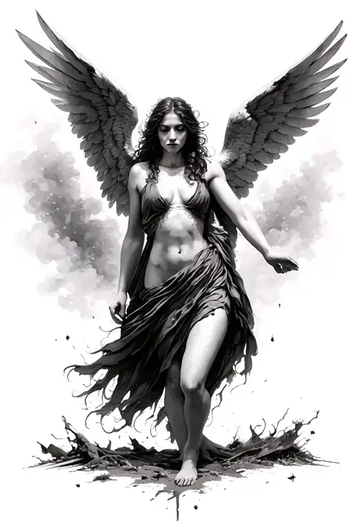 Icarus Who Comes Up With Her Fall On The Ground Without Her Wings In Black And White