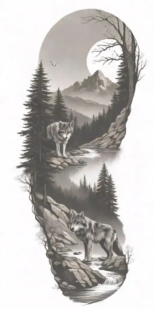 A River Winding Through A Forest Leading To Mountains With Wolf
