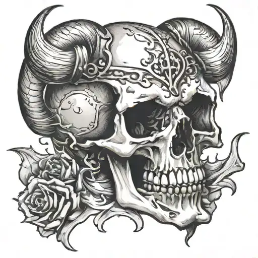 Human Skull With Devil Horns Burning Pierced By A Knife