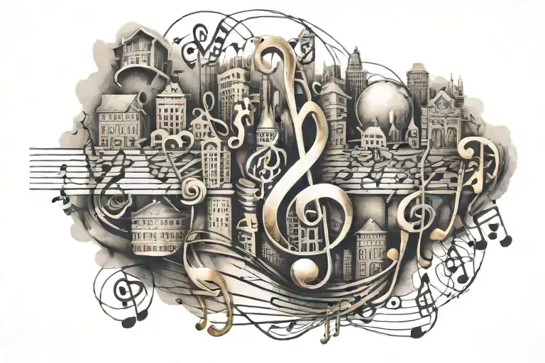 Music Notes With City Buildings Designed