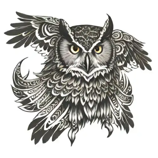 Owl With Open Wings And Tribal Background