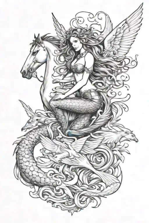 Mermaid And Pegasus And Fairy And Hell Hounds
