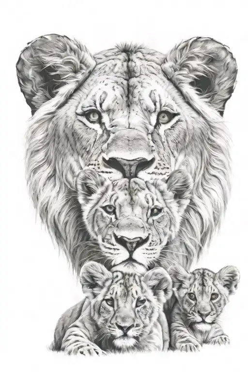 Mama Lion And Boy Cubs Face Only