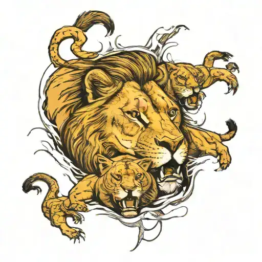 Roaring Lion With One Lioness And Three Cubs