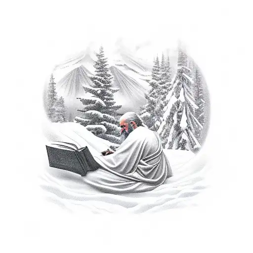 An Ancient Philosopher Reading A Book Under A Snow-covered Mountain