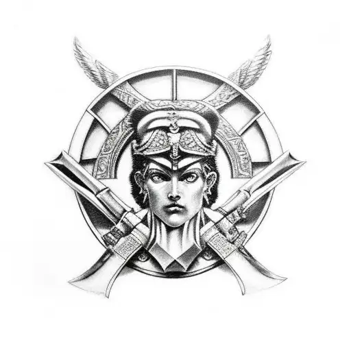 Athena Scowling While Holding Sword And Shield In Combat
