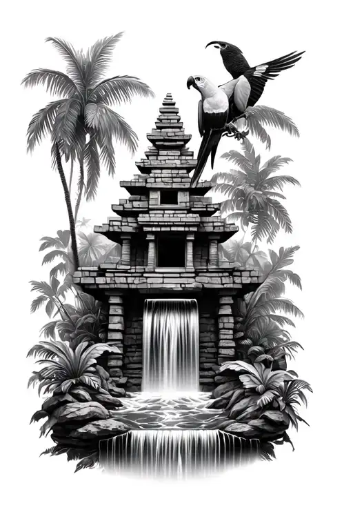 Jungle Theme With Aztec Temple With Water Fall And Parrot Black And White For The Inner Dicep
