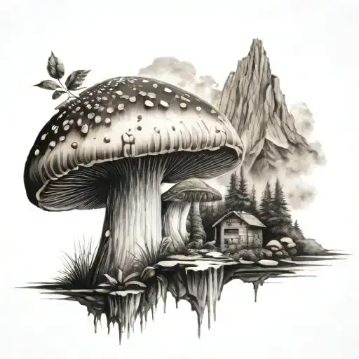 Mushroom With Mountains And Waterfall