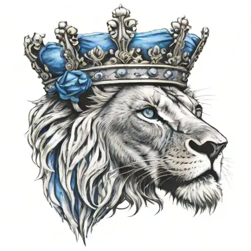 Lion Head With Blue Eyes And A Crown On His Head