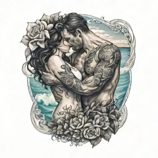 Man Holding Woman Intertwined With Flowers With An Ocean In The Background