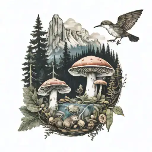 Mushroom And Forest Animals With Mountains