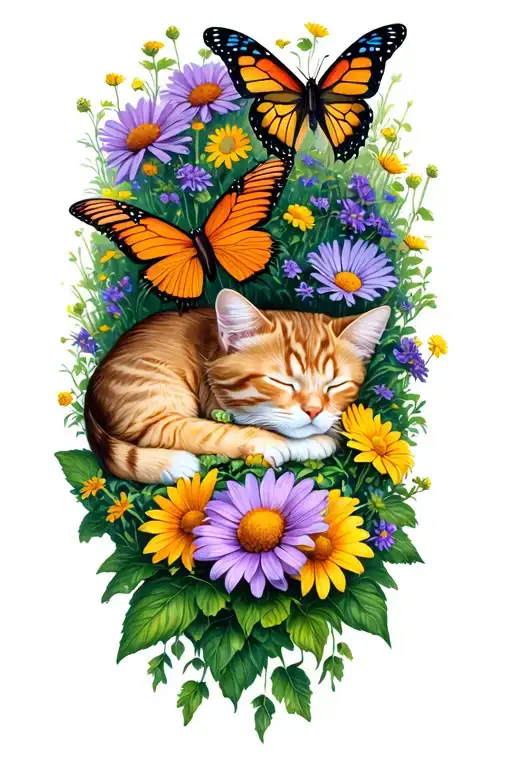 Wild Flowerbed With Various Butterflies And A Sleeping Cat