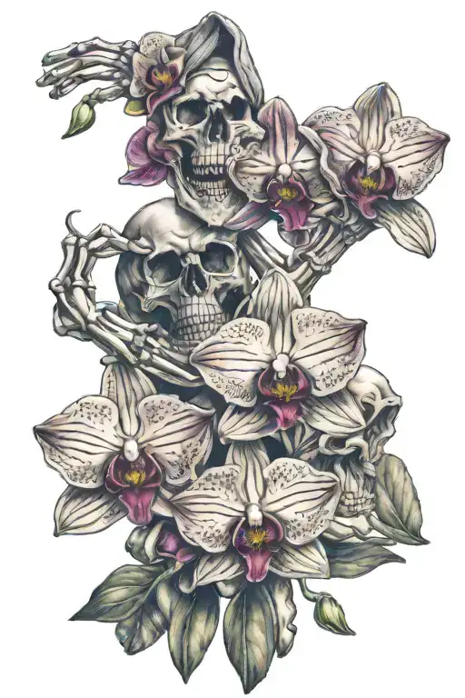 Skeleton Hand Holding Orchids Intertwined