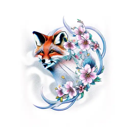 9 Tail Fox With Cherry Blossom