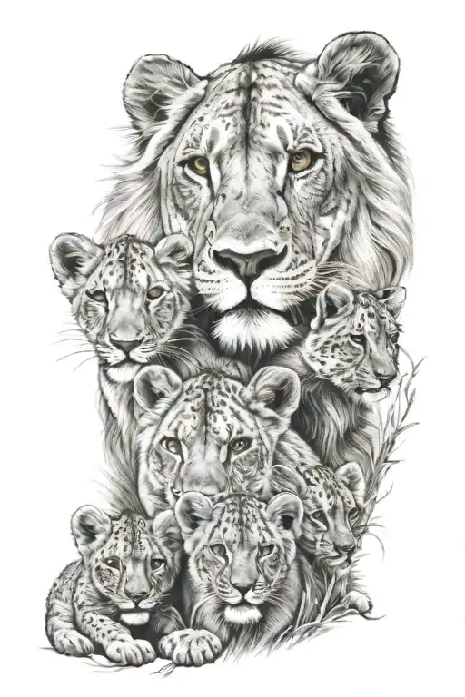 Mama Lion And 3 Boy Cubs Face Only