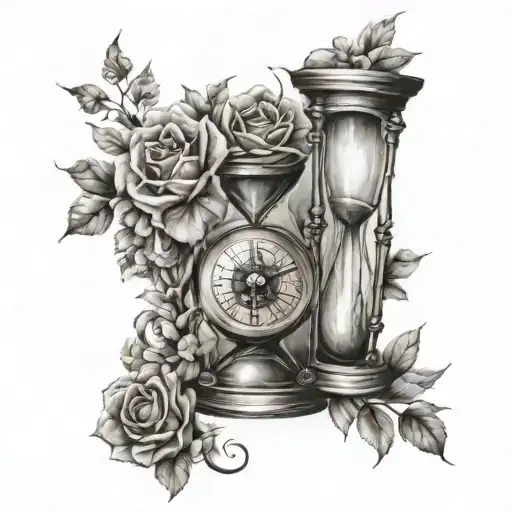 Hourglass And Compass Floral Sleeve Tattoo Design