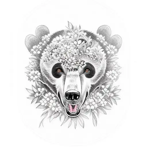 Formosan Black Bear Surrounded By Edelweiss Flowers And Silver Ferns