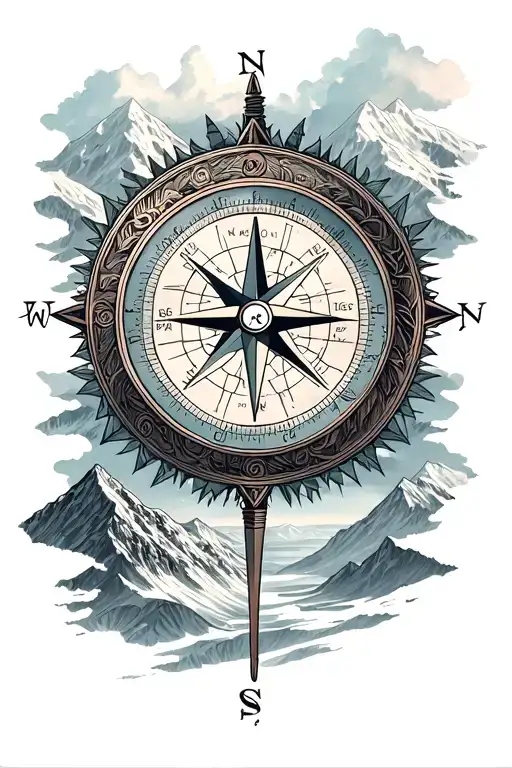 Mountain Landscape And Compass Rose Intertwined
