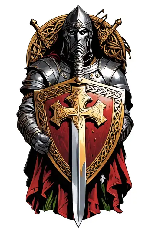 Celtic Knight With Sword And Cross Shield