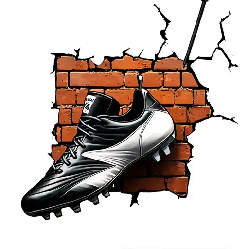 Football Boots Hanging On A Nail Against A Cracked Brick Wall