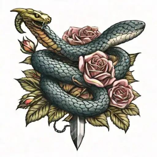 A Realistic Snake And A Dagger With Some Roses And A Cool Background