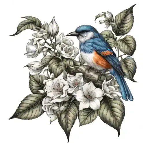 Bird Surrounded With Flowers & Leaves