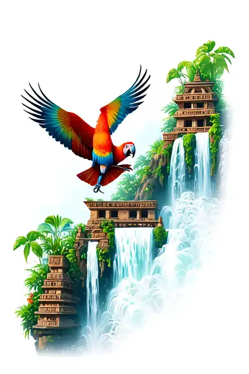 Jungle Theme With Aztec Temple With Water Fall And Parrot
