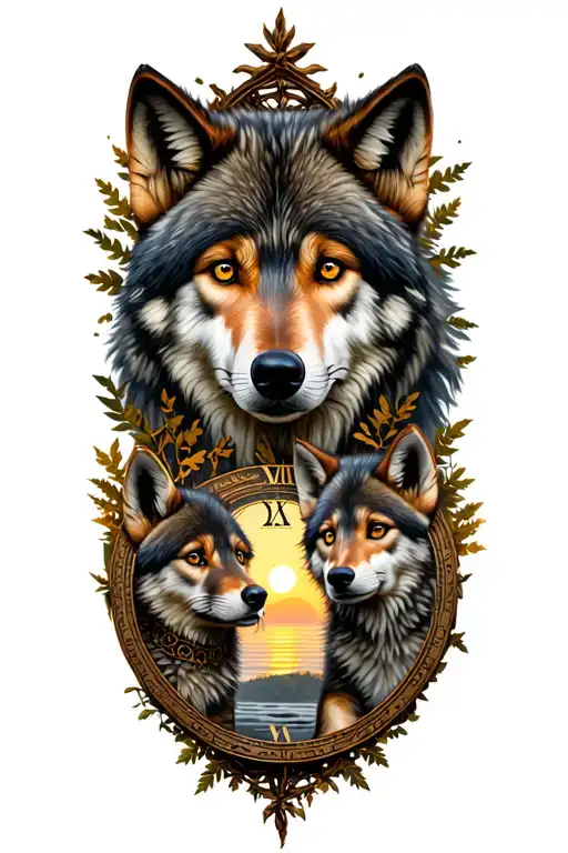 Wolf With 2 Cubs In A Sunset Woodland Scene Featuring A Roman Clock Face