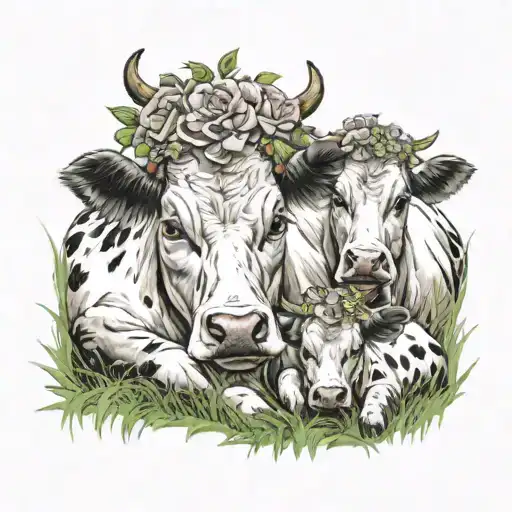 Mother Cow Wearing A Flower Crown With Two Babies Laying Down In The Grass