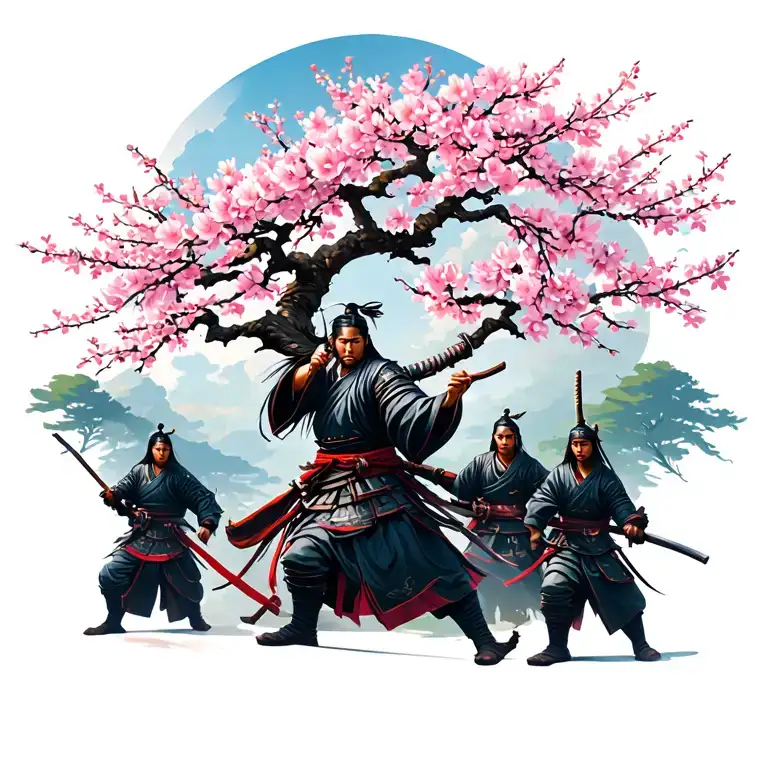 Cherry Blossom Tree With Samurai Around It