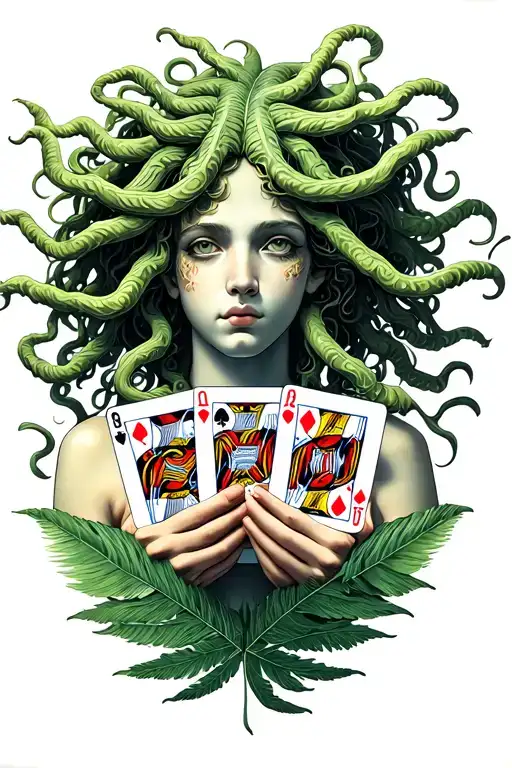 Medusa Head Facing To Ethe Frond Holding Playing Cards